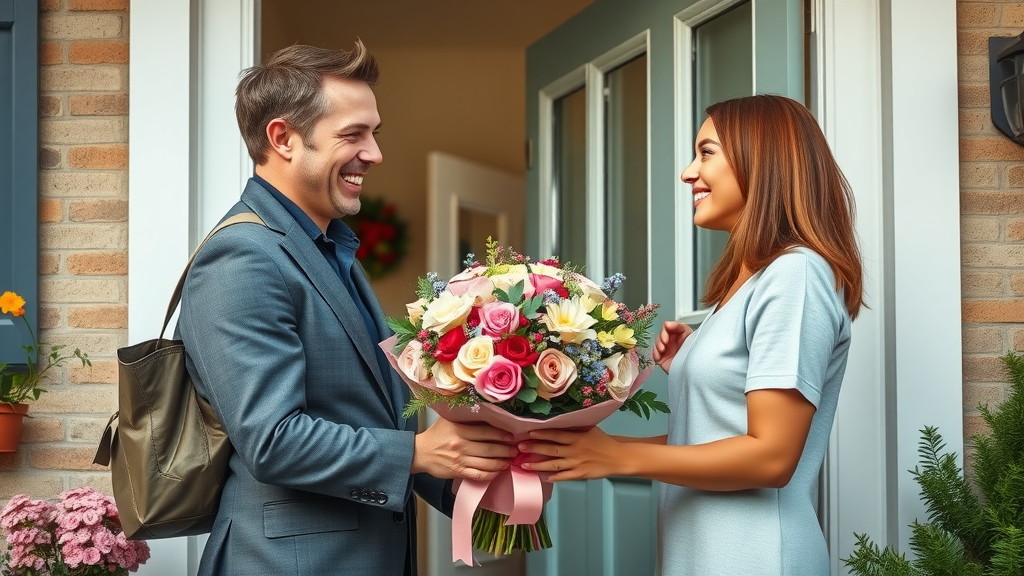 Florist delivery with fresh bouquet creating a joyful doorstep surprise