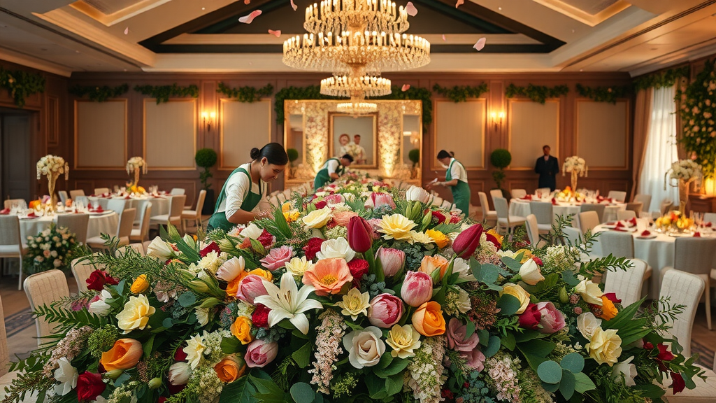 Expert florists crafting large event bouquet for community celebration