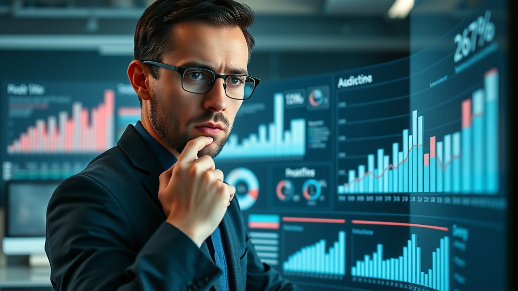 bar charts and infographic depicting ai adoption rates in small businesses, analyst examining digital data display