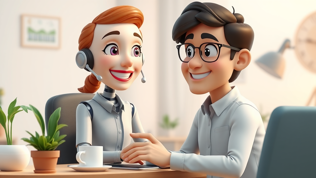 ai tool for small businesses - ai powered virtual assistant assisting a small business owner in relaxed office setting