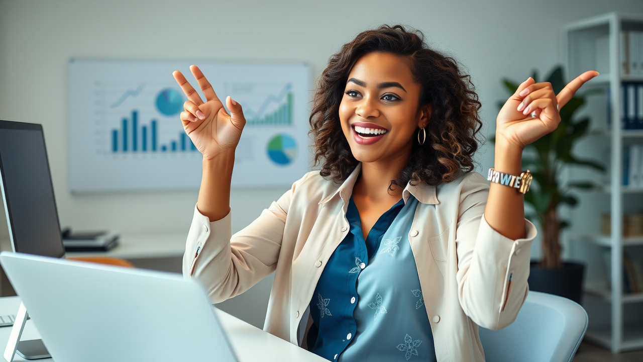 small business owner reviewing financial growth charts, AI analytics on digital screen, modern workspace