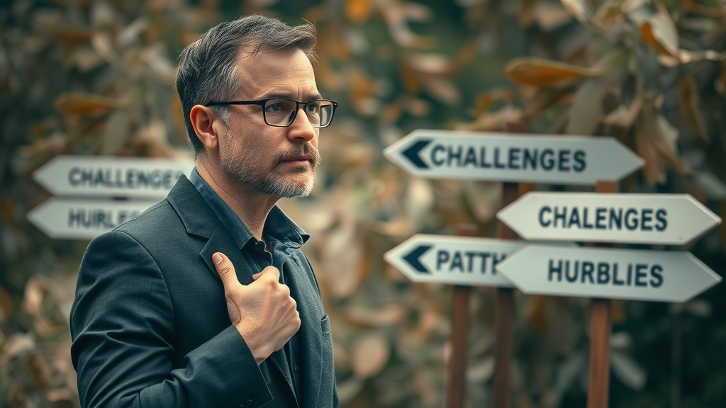 small business owner evaluating challenges in AI integration, surrounded by signs pointing to common barriers