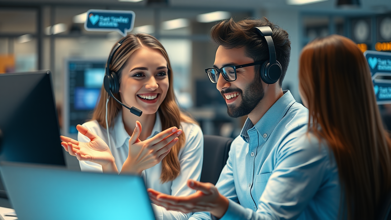 customer service agent aided by AI chatbot assisting a client, positive collaboration in small business call center