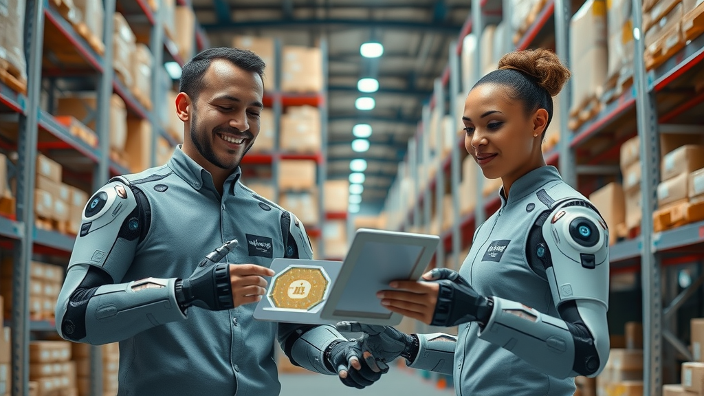 small business warehouse using AI robotics for inventory management, collaborative team in motion