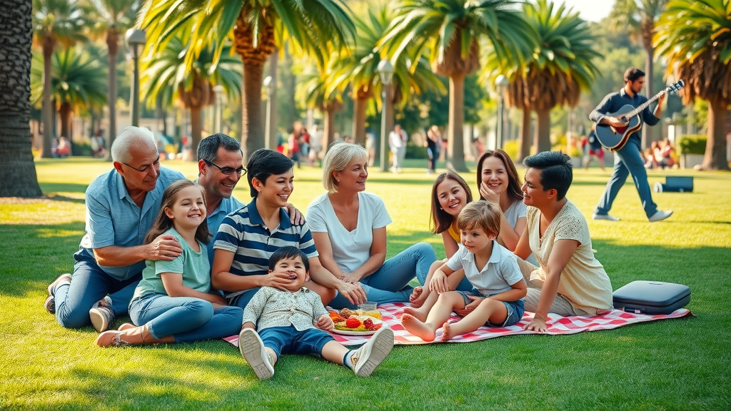 Families enjoying Irvine Great Park events with live music and picnic under palm trees
