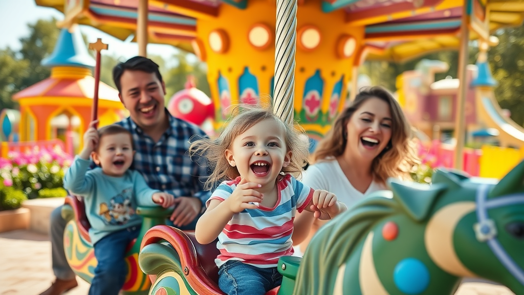 Kids playing on Irvine Great Park carousel and playground surrounded by gardens