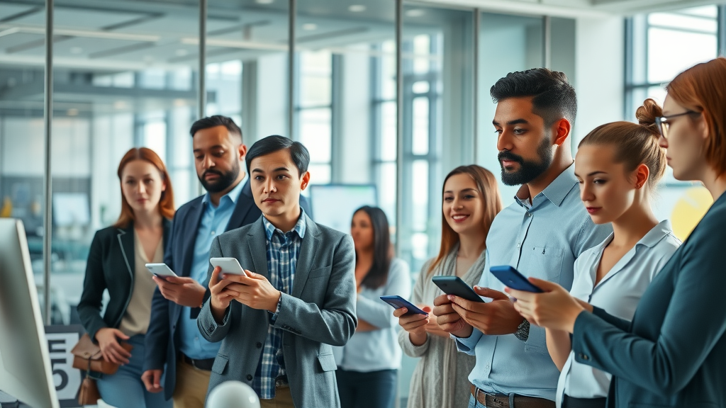 people in modern office using AI-powered natural language processing and computer vision technology
