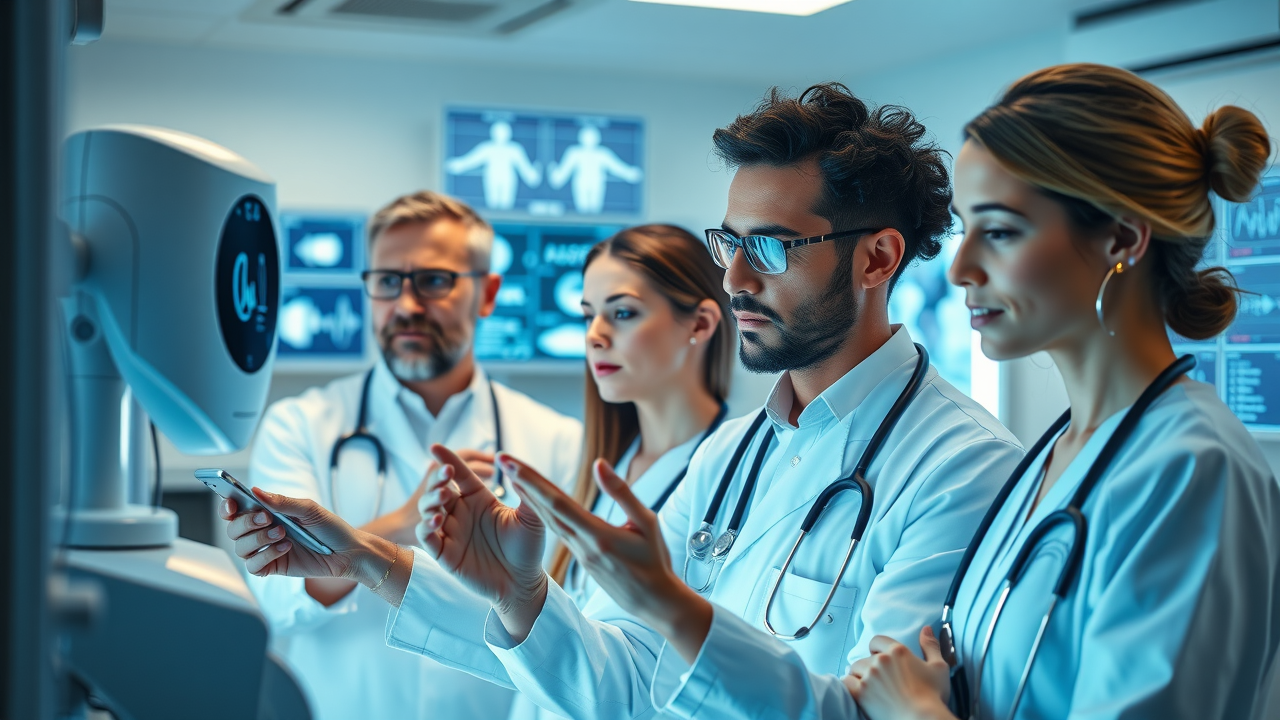doctors and nurses using AI-powered diagnostic screens and medical robots in a healthcare setting