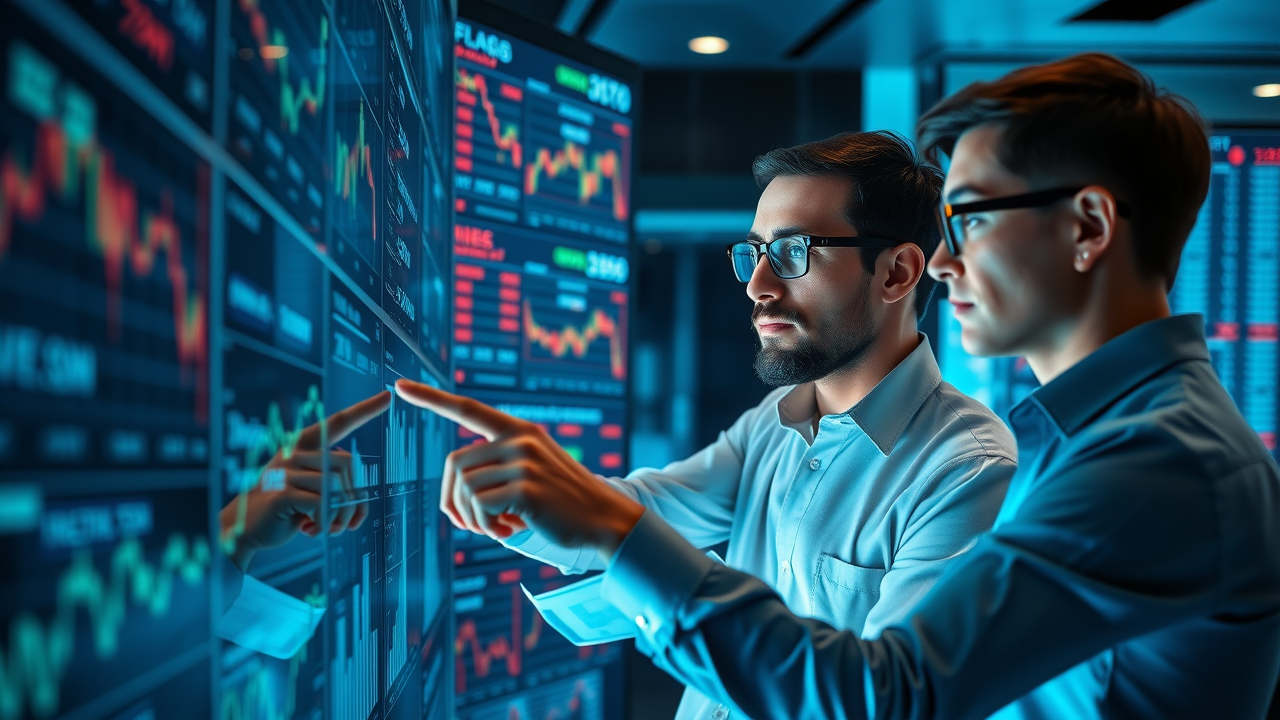 financial analysts using artificial intelligence (AI) technology and predictive machine learning models in a trading room