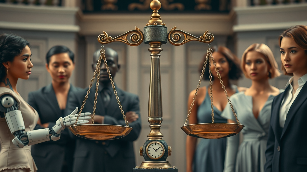 AI-themed scale of justice weighing ethical decisions in artificial intelligence (AI) technology