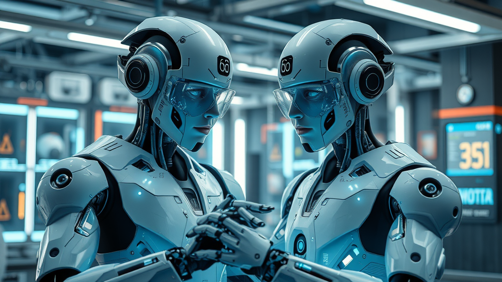 AI-powered robots and humans collaborating on innovative projects using advanced artificial intelligence (AI) technology