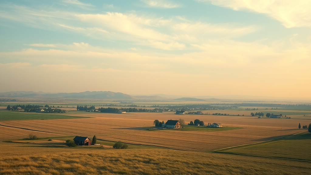 vintage aerial view of early Irvine ranchlands, tranquil atmosphere, vast open fields dotted with ranch houses, Photorealistic High Fidelity Lifelike, background with rolling hills and sparse settlements under an open sky, highly detailed, subtle breeze swaying tall grass, natural earthy tones, soft morning lighting, shot with a wide-angle lens.