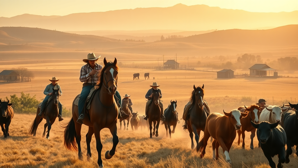 historic ranch life illustration, determined ranchers managing horses and cattle, Photorealistic High Fidelity Lifelike, expansive California ranch landscape with early structures, highly detailed, dynamic livestock in movement, sepia-toned, golden hour sunlight, shot with a 50mm lens.