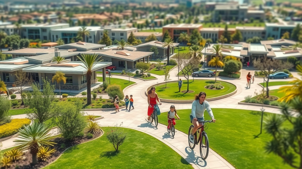futuristic urban landscape of Irvine, thriving community, diverse families enjoying greenbelts and modern parks, Cinematic, master-planned neighborhoods with mixed-use spaces, highly detailed, children playing, cyclists passing, lush greenery, clean lines, vibrant colors, bright midday lighting, shot with a tilt-shift lens.