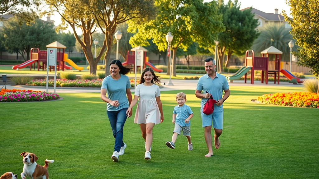 modern Irvine park with families, laughing children and friends, walking and playing, Photorealistic High Fidelity Lifelike, manicured lawns, playground equipment, suburban trees and vibrant flowers, highly detailed, pets frolicking, rich greens and vivid primary colors, late afternoon lighting, shot with a 35mm lens.