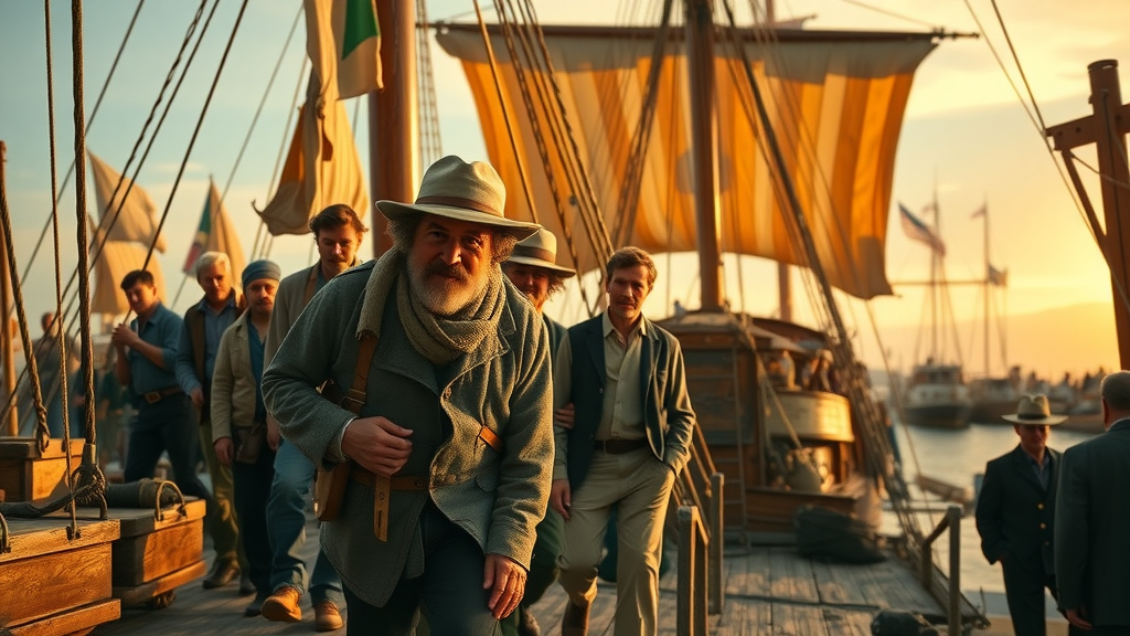 dramatic historical reenactment of Irish immigrants arriving in California, hopeful expressions, stepping off a wooden ship, Cinematic, bustling Gold Rush pier with crates and townsfolk, highly detailed, billowing sails, golden/yellow tones, warm sunset lighting, shot with a 70mm lens.