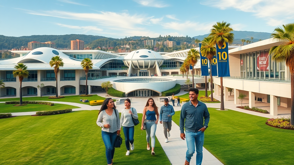iconic University of California, Irvine campus, students smiling and walking, futuristic architectural elements, High Fantasy, backdrop of lush lawns, modern buildings, and palm trees, highly detailed, banners fluttering, university colors (blue and gold), clear spring daylight, shot with a drone camera.