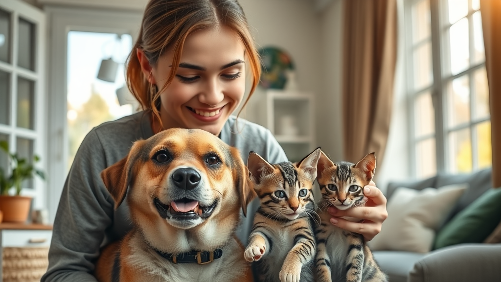 Trusted pet sitting professional comforting happy pets in a warm home