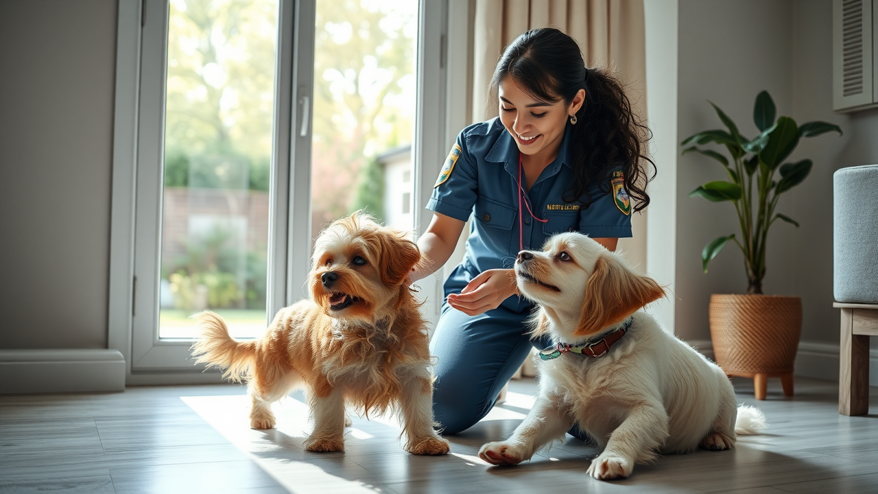 Pet sitter engaging with dogs in a sunny home environment, pet sitting solution