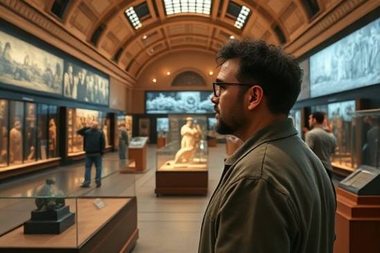 history visionary, thoughtful, contemplating past and future events, photorealistic, a museum filled with historical artifacts and digital displays, highly detailed, animated holograms, 4K quality, rich earth tones, ambient lighting, shot with a 35mm lens.