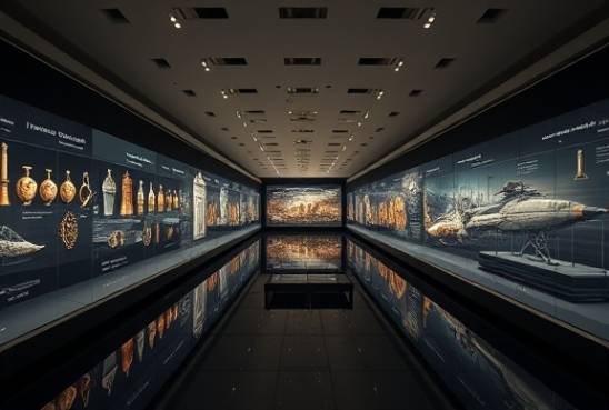 visionary history, reflective, exploring the timeline of innovations, photorealistic, a gallery showcasing inventions from past to future, highly detailed, interactive digital screens, 8K quality, muted classic tones, spotlight illumination, shot with a 28mm lens.