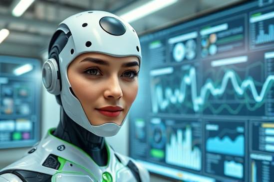 innovative AI strategy, confident expression, mapping algorithms, photorealistic, technology lab with digital interfaces and schematic diagrams, highly detailed, dynamic charts and data streams, ultra-high-definition, silver and green accents, soft overhead lighting, shot with a wide-angle lens.
