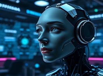 advanced AI technology, inquisitive expression, simulating environments, photorealistic, cybernetic studio with algorithmic patterns and immersive screens, highly detailed, ethereal data flow, 8K resolution, chrome and black shades, spotlight lighting, shot with a 100mm macro lens.