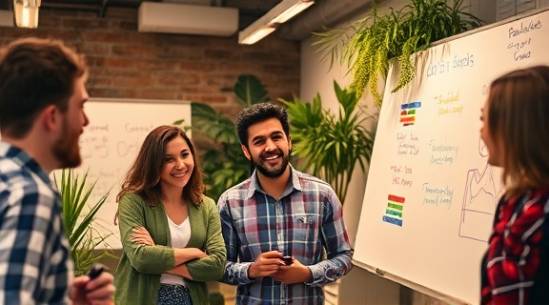 open-space Irvine startup, excited expression, team brainstorming, photorealistic, indoor plants and tech gadgets, highly detailed, whiteboards filled with colorful markers, medium format, warm colors, studio lighting, shot with a 50mm lens.
