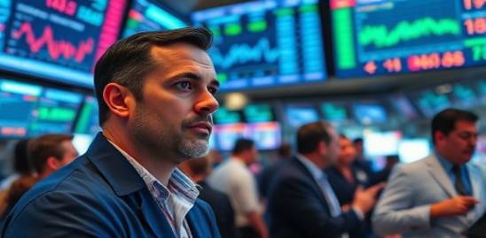 dynamic Irvine commerce scene, determined expression, people analyzing market data, photorealistic, multiple digital screens and graphs, highly detailed, traders bustling, autofocus blur, vibrant colors, artificial overhead lighting, shot with an 85mm lens.