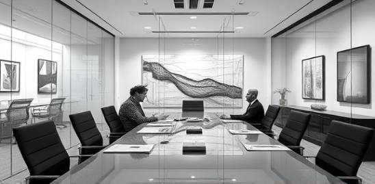 innovative Irvine enterprises office, thoughtful look, executives planning strategy, photorealistic, glass walls with modern art, highly detailed, conference table with digital devices, optical clarity, monochromatic scheme, spot lighting, shot with a 28mm lens.
