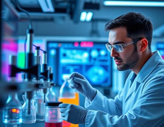 cutting-edge Irvine startup lab, intrigued expression, scientists conducting experiments, photorealistic, high-tech equipment and screens, highly detailed, chemical reactions happening, dynamic focus, multi-color lasers, fluorescent lighting, shot with a 40mm lens.
