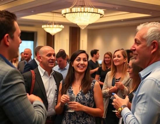 high-energy Irvine networking event, enthusiastic expression, industry leaders connecting, photorealistic, stylish downtown hotel ballroom, highly detailed, soft music playing, high resolution, elegant whites and silvers, ambient lighting, shot with an 85mm lens.