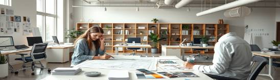 creative Irvine enterprises workspace, curious look, designers crafting blueprints, photorealistic, contemporary studio with ergonomic furniture, highly detailed, color swatches and design tablets, edge sharpness, pastel hues, natural window light, shot with a 40mm lens.