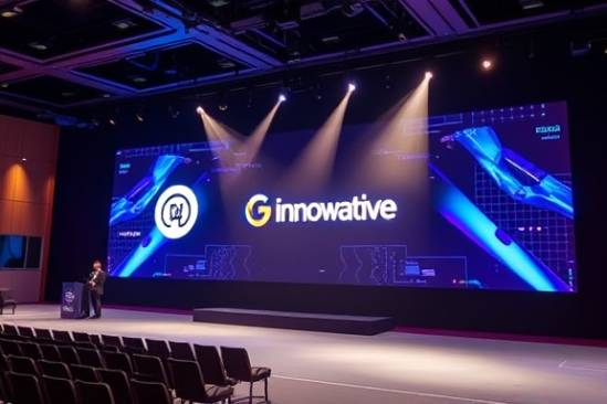 innovative company logo in spotlight, intriguing, revealing new design concepts, photorealistic, placed on a large digital screen in a conference hall, highly detailed, animated light effects, f/2.8, 4k resolution, vibrant colors, soft ambient lighting, shot with a macro lens.