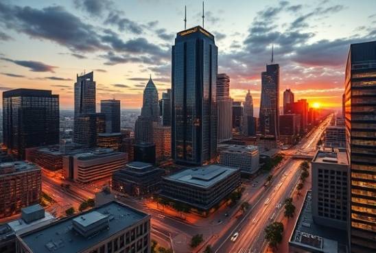 high-rise business headquarters, impressive, dominating the skyline at sunset, photorealistic, panoramic view with busy downtown streets and illuminated windows, highly detailed, moving traffic and city lights, aperture f/11, twilight hues, golden hour lighting, shot with a 35mm lens.