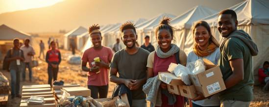 energetic community highlights, smiling volunteers, distributing food and clothes, photorealistic, open field with tents and donation stations, highly detailed, sunlight glinting off donation boxes, 50mm lens, earthy tones, midday lighting, shot with a Leica Summilux-M 50mm f/1.4 ASPH lens.